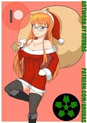 arukas cleavage glasses leggings persona persona_5 red_hair sakura_futaba santa_costume santa_hat