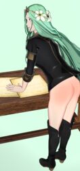 1girls 3d ass big_ass boots emilyblend34 fire_emblem fire_emblem:_three_houses flower garreg_mach_monastery_uniform green_eyes green_hair hair_flower long_hair looking_at_viewer looking_back nintendo rhea_(fire_emblem) smile