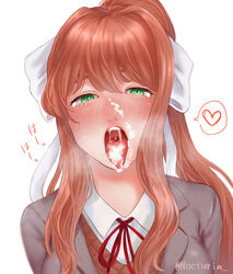 1girls after_fellatio ahegao artist_name blush blushing brown_hair clothed cum cum_in_mouth cum_on_face doki_doki_literature_club facial green_eyes green_hair hair_ribbon heart looking_at_viewer monika_(doki_doki_literature_club) nocturia open_mouth oral ponytail pov pov_eye_contact ribbon school_uniform schoolgirl solo solo_female tearing_up throat tongue tongue_out white_ribbon