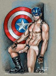 1boy abs actor biceps blue_eyes captain_america celebrity chris_evans cock_ring in_character male_only marvel military muscular nude pecs penis pubic_hair scottysdrawings steve_rogers