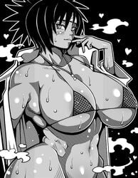 1girls bikini black_hair breasts cleavage coat curvy fishnets headband heart hi_res huge_breasts lips long_coat looking_at_viewer micro_bikini mitarashi_anko naruto naruto_(series) naruto_shippuden navel new_(artist) parted_lips shiny shiny_skin solo steam swimsuit wet wide_hips