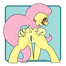 anus ass blush equid equine feathered_wings feathers female feral fluttershy_(mlp) friendship_is_magic genitals hair hasbro knotsosfw looking_at_viewer mammal my_little_pony open_mouth pegasus pink_hair presenting pussy simple_background solo solo_focus wings yellow_body yellow_feathers