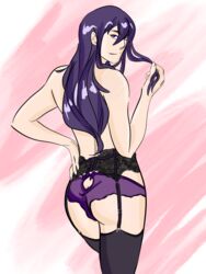 ass femboy inviting lingerie long_hair looking_back male_in_lingerie male_only purple_eyes purple_hair tales_of_(series) tales_of_vesperia thighhighs yuri_lowell