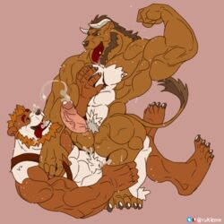 barazoku bodily_fluids brown_body brown_fur drooling flexing fur giant_panda harness himbo horn invalid_tag male male/male mammal muscular nipple_piercing nipples pecs piercing power_bottom rickleone riding saliva tongue tongue_out ursid