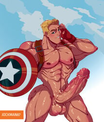 1boy abs balls biceps blonde_hair blue_eyes captain_america huge_cock hyper hyper_penis jockman87 male_only marvel military muscular nude pecs penis salute solo solo_male steve_rogers thick_thighs