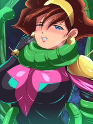 1girls 2020 big_breasts bodysuit breasts brown_hair curvaceous female female_focus female_only forced g_gundam gundam human large_breasts light-skinned_female light_skin mobile_trace_suit pilot_suit rain_mikamura riff_(artist) short_hair strangling tagme tentacle tentacle_around_neck