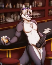 alcohol animal_genitalia animal_penis anthro balls bar bartender bedroom_eyes beverage canid canine canine_penis canis chest_tuft claws detailed_background digital_media_(artwork) electroporn erection fox fur furry_only genitals hair hi_res knot looking_at_viewer male mammal narrowed_eyes nude penis pinup pose ranan_absidian seductive smile solo teeth tongue tongue_out tuft wolf