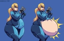 1girls belly belly_button big_belly blonde_hair blue_background blue_eyes blush blushing closed_mouth eyebrows_visible_through_hair female female_focus female_only gun hyper hyper_belly light-skinned_female light_skin long_hair looking_away looking_down maniacalfork metroid open_mouth overweight ponytail samus_aran serious small_breasts suit surprised teeth thick thick_thighs tight_clothing tight_fit torn_clothes torn_clothing watermark weight_gain wide_hips zero_suit zero_suit_samus