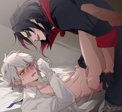 2boys aegis_alver ambiguous_penetration blush cum domination ejaculation embarrassed gay handjob partially_clothed tales_of_(series) tales_of_crestoria tears vicious_(tales_of_crestoria) yaoi