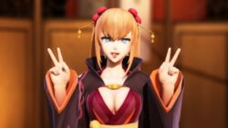 3d blonde_hair blue_eyes clothed cum_in_mouth cum_on_breasts facial female heart-shaped_pupils japanese_clothes peace_sign tagme tales_of_(series) tales_of_crestoria tongue_out yuna_azetta