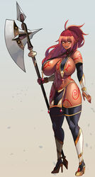 ass blood_hood breast_curtains breastcloth cleavage curvy dark_elf dark_skin elf_ears ephyra_drakaina_(zahylon) female female_warrior huge_breasts huge_weapon long_hair looking_at_viewer original original_character pointy_ears red_hair tattoos thick_thighs yellow_eyes zahylon