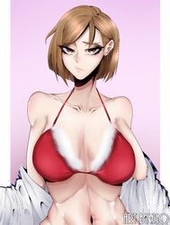 1girls alternate_breast_size alternate_version_available artist_name bare_shoulders big_breasts bra breasts brown_eyes brown_hair christmas cleavage female_only jacket_removed jso jujutsu_kaisen kugisaki_nobara large_breasts long_eyelashes looking_at_viewer navel pink_background plain_background presenting shirtless short_brown_hair short_hair solo solo_female stomach undressing upper_body watermark