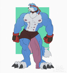 abs blue_fur collar digimon digimon_(species) foreskin fur furry gaomon huge_butt huge_cock large_penis male male_only multi_nipple muscles muscular muscular_male penis shorts standing toe_claws uncut white_fur wolfsecret