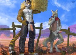 2019 4_toes animal_genitalia animal_penis anthro balls biped blue_eyes blue_sky bottomless canid canine canine_penis canis canyon chaps claws clothed clothing countershading cowboy coyote day desert detailed_background dicks_out digital_media_(artwork) digitigrade duo exhibitionism felid fingers fur genitals hi_res humanoid_genitalia humanoid_penis karnal knot leather male male/male mammal multicolored_body multicolored_fur outside pantherine penis plantigrade shaneinvasion sky standing striped_body striped_fur stripes tiger toe_claws toes topless white_countershading zeekerz