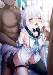 2boys after_fellatio ahoge animal_ear_fluff animal_ears aqua_eyes arm_grab arm_held_back armpits bangs bed black_legwear blue_eyes blue_ribbon blurry blurry_background blush braid breasts breasts_out censored collarbone cum cum_in_mouth cum_in_pussy curtains dark-skinned_male dark_skin detached_sleeves eyebrows_visible_through_hair female fluids fox_ears fox_girl fox_tail group_sex hair_between_eyes hand_on_another's_shoulder heart heart-shaped_pupils heavy_breathing hololive hololive_gamers hololive_gen_1 hololive_japan indoors kemonomimi kitsune long_hair lowres medium_breasts mosaic_censoring multiple_boys muscular navel nipples nude on_bed open_mouth overflow penis ponytail ribbon sex sex_from_behind shirakami_fubuki side_braid single_braid single_thighhigh solo_focus straight sweat symbol-shaped_pupils tail tears thigh_strap thighhighs threesome tongue tongue_out vaginal_penetration virtual_youtuber white_hair white_sleeves window xwu