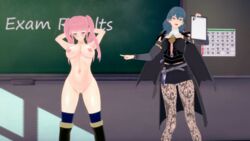 3d blue_hair breasts breasts_out byleth_(fire_emblem) byleth_(fire_emblem)_(female) clothed_female_nude_female embarrassed enf exposed_pussy female female_only fire_emblem fire_emblem:_three_houses functionally_nude functionally_nude_female hilda_valentine_goneril humiliation koikatsu leggings long_hair medium_hair navel nipples nude nude_female pink_hair public_exposure punishment shorts twintails yumi_(artist)