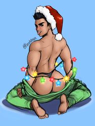 ass blue_background blush christmas christmas_hat christmas_lights kyodaibara little_mac male_only nintendo punch-out!! punch_out solo solo_male thong tongue_out