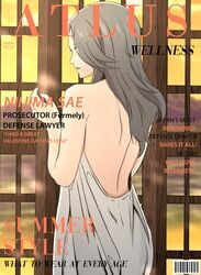 back back_view gray_hair long_hair looking_at_viewer looking_back magazine magazine_cover maywtv nude_cover persona persona_5 sae_niijima towel