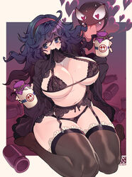 1girls @_@ ambiguous_gender big_breasts blue_eyes blush bottle bra eye_contact female garter_belt garter_straps gastly hex_maniac huge_breasts large_breasts lingerie looking_at_viewer milk milk_bottle nintendo panties poch4n pokemon pokemon_rgby pokemon_xy purple_hair sweat thick_thighs thighhighs thighs voluptuous