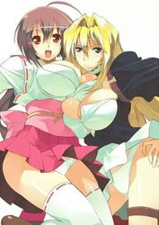 2girls ahoge blonde_hair brown_hair clothing large_breasts miko_outfit multiple_girls musubi nontraditional_miko panties ryuuta_(msxtr) sekirei skirt slim_waist stockings tagme thick_thighs tsukiumi white_panties wide_hips