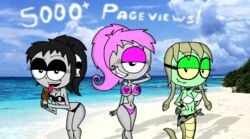 3girls beach beach_wrap bedroom_eyes bikini black_bikini black_eyeshadow black_hair burtonberg cyclops eyeshadow fangs female female_only freckles glasses gorgon green_eyeshadow green_skin grey_skin grimella_reaper_(montatora-501) hand_behind_head hand_on_breast hand_on_hip looking_at_viewer monster monster_girl montatora-501 omegusmaximus original_character pink_bikini pink_eyeshadow pink_hair popsicle pose raised_eyebrow shelby_gorgon_(montatora-501) simone_pazookie_(montatora-501) skeleton smile snake_girl snake_hair swimsuit swimwear tongue tongue_out white_bra yellow_eyes