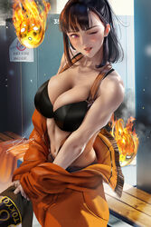 1girls bangs big_breasts black_bra black_hair bra brassiere cleavage covered_nipples cowboy_shot enen_no_shouboutai eyebrows eyelashes female female_focus female_only fire_force flirting large_breasts locker_room long_hair looking_at_viewer open_mouth open_smile oze_maki pinup pose posing pushing_breasts_together smile smiling_at_viewer solo solo_female solo_focus standing sweat sweating tagme topless undressing wink winking winking_at_viewer zumi zumi_(zumidraws)