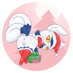 anus ass christmas christmas_clothing clothed clothing female feral fullfolka fur furry furry_only genitals hi_res holidays meowstic nintendo pokémon_(species) pokemon pussy semi-anthro solo tail thick_thighs video_games