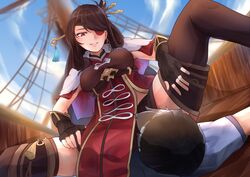 1boy 1girls beidou_(genshin_impact) boots breasts brown_hair clothing cowgirl_position eyepatch femdom genshin_impact gloves gueya_(gueyasan) heel_boots light-skinned_female light-skinned_male light_skin pirate red_eye red_eyepatch ship sitting_on_person smile spread_legs thigh_boots thighhigh_boots