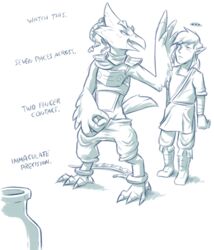 anthro avian bird blue_and_white bodily_fluids breath_of_the_wild conditional_dnp desperation duo english_text genital_fluids genitals grumpyvulpix human link male male/male mammal monochrome nintendo omorashi penis revali rito text the_legend_of_zelda urine video_games watersports