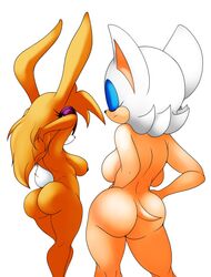 adjusting_hair anthro ass back_boob bat blonde_hair breasts brown_nipples bunnie_rabbot closed_eyes duo eyeshadow female hair hands_behind_head lagomorph makeup mammal nipples nude pose rabbit raccoonshinobi rear_view rouge_the_bat side_boob simple_background sonic_(series) white_background