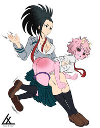 2girls ass bent_over big_breasts black_eyes black_hair black_sclera blush breasts butt_crack cleavage clenched_teeth female female_only holding_arm horns laceysx long_hair long_socks loose_necktie lying lying_on_person mina_ashido momo_yaoyorozu movement_lines my_hero_academia panties panties_down pink_hair pink_skin ponytail punishment punishment_spanking raised_inner_eyebrows school_uniform schoolgirl shirt shoes short_hair shounen_jump sitting skirt skirt_down socks spank_marks spanking tie tied_hair unbuttoned unbuttoned_shirt yellow_eyes yuri