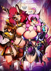 2020 2futas after_transformation alternate_species ambiguous_gender animal_penis anthro areola armor big_balls big_breasts big_penis breasts collar comic dialogue duo_focus english_text fur furry futa_focus futanari genitals group gynomorph hair heterochromia hi_res holding_object holding_phone human ineffective_armour intersex mammal pauldron penis phone pink_hair potion red_hair sabrith_ebonclaw smile species_request spirale tayelle_ebonclaw text