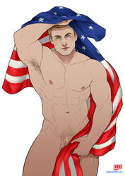 1boy abs american_flag armpits biceps blonde_hair blue_eyes captain_america covering_crotch hand_above_head holding_object looking_at_viewer male_only marvel muscular nude pecs penis penis_peek redgart steve_rogers thick_thighs veiny_penis white_background