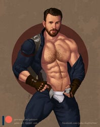 1boy abs beard biceps blue_eyes brown_hair bulge captain_america celebrity chris_evans gabo_artist male male_only marvel muscular pecs solo steve_rogers stripping underwear white_underwear