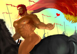 1boy abs absurdres ass bar_censor bara beard boner cape censored completely_nude dark-skinned_male dark_skin erection facial_hair fate/grand_order fate/zero fate_(series) from_behind fur-trimmed_cape fur_trim highres horse horseback_riding iskandar_(fate) male_focus male_only middle_finger muscle navel navel_hair nipples nude one_eye_closed pectorals red_cape red_eyes red_hair riding short_hair solo thick_thighs thighs treesiming veins