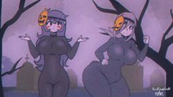 2020 2girls animated animated_gif big_breasts booky booky_(ispoks) dancing female female_focus female_only halloween ilustretsspoks meme scruffmuhgruff spooky_scary_skeletons thick_thighs