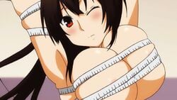 1girls animated arched_back big_breasts blush brown_hair large_breasts measuring_tape musubi nude_female one_eye_closed sekirei tied_up