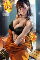 1girls 2020 bangs big_breasts black_hair bra cleavage cowboy_shot enen_no_shouboutai female female_focus female_only fire_force flirting jumpsuit large_breasts locker_room long_hair looking_at_viewer medium_hair navel open_mouth open_smile oze_maki pinup pose posing purple_eyes pushing_breasts_together smile smiling_at_viewer solo solo_female solo_focus standing sweat sweating tagme topless undressing zumi zumi_(zumidraws)