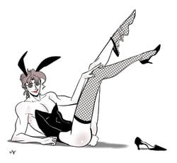 1boy bodysuit bunny_boy bunny_ears bunny_tail bunnysuit buttplug buttplug_tail crossdressing fishnet_stockings fishnets high_heels jojo's_bizarre_adventure laying_down legs_up leotard licking_lips looking_at_viewer male_only muscular muscular_male noriaki_kakyoin on_floor one_shoe pecs playboy_bunny solo_male stardust_crusaders thighhighs toned toned_male undressing