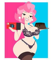 big_ass big_breasts blue_background cake chocolate_cake chocolate_cake_gameboy_and_me food grimphantom holding_object lingerie meme milf mob_face mrs._sable nintendo_switch no_outlines open_smile picket_fences_(series) pink_background pink_hair reference short_hair simple_eyes simple_face stockings vitamin_connection voluptuous wayforward white_background wide_hips