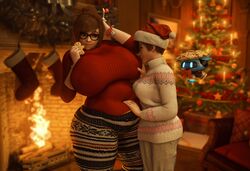 2girls 3d banskinator belly belly_grab big_belly breast_grab breasts christmas chubby_female cleavage cookie ear_piercing female female_only glasses huge_breasts mei_(overwatch) overwatch overwatch_2 santa_hat seductive_look size_difference slightly_chubby smaller_female snowball_(overwatch) sweater taller_girl thick_thighs tracer urbanator wide_hips yuri