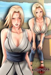 1girls bangs bent_over big_breasts blonde_hair breasts brown_eyes cleavage close-up clothing facial_mark feet female female_only footwear forehead_mark kimono lipstick makeup naruto naruto_(series) naruto_shippuden necroxxx open_toe_shoes pants sandals sash short_kimono sleeveless standing tsunade