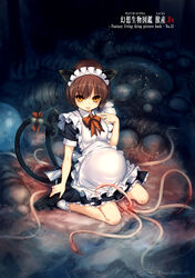 2_tails animal_ears apron bangs brown_eyes brown_hair cat_ears cat_tail dress egg eyebrows_visible_through_hair female from_above highres hitomaru huge_belly interspecies looking_at_viewer maid maid_apron maid_headdress multiple_tails open_mouth original pregnant ready_to_pop revision ribbon saliva saliva_trail short_hair sitting socks solo tail tail_ornament tail_ribbon tongue wariza whiskers