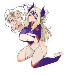 2girls big_breasts blonde_hair bodysuit cleavage clenched_teeth fangs fusion heterochromia himiko_toga idolmonkeh kneeling large_breasts long_hair mount_lady my_hero_academia pushing smile torn_clothes yuu_takeyama