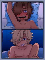 aphmau_(youtuber) bed bedroom blonde_hair blonde_hair_on_brown_hair blonde_hair_top blue_eyes blue_sheets brown_hair brown_hair_bottom color colored cyan_eyes digital_media_(artwork) domination garrance garroth garroth_ro'meave gay grin hand_on_leg laurence laurence_zvahl light_hair_on_dark_hair minecraft missionary missionary_position mouth_open penetration romantic smile smiling yaoi