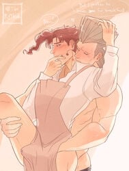 2boys apron biting_finger blush bottomless earrings erection_under_clothes finger_to_mouth hand_in_hair handjob hickey holding_leg holding_leg_up jean_pierre_polnareff jojo's_bizarre_adventure kissing_neck looking_back male_only muscular muscular_male noriaki_kakyoin one_leg_up partially_clothed spooning stardust_crusaders therytkak toned toned_male topless yaoi