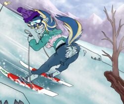 anthro beanie blush clothing equid equine female friendship_is_magic furry genitals hair hasbro hat headgear headwear hi_res hooves horn humor maddworld mammal multicolored_hair multicolored_tail my_little_pony pussy skiing solo sport unicorn