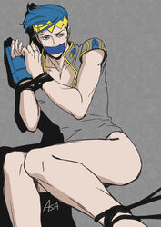 1boy arms_tied blue_hair blue_tape bodysuit bondage bottomless bound bound_ankles bound_wrists diamond_is_unbreakable first_person_view gag gagged heterochromia jojo's_bizarre_adventure legs_tied leotard looking_at_viewer male male_only multicolored_eyes partially_clothed pov restrained rohan_kishibe rope rope_bondage solo solo_male tape tape_gag taped_mouth thus_spoke_kishibe_rohan tied_up toned toned_male