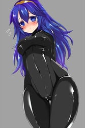 1girls arms_behind_back big_breasts blue_eyes blue_hair blush bodysuit female fire_emblem fire_emblem_awakening gluteal_fold latex long_hair lucina_(fire_emblem) medium_breasts miyako_(artist) miyako_(mongcocoa) nintendo nipple_bulge partially_visible_vulva rubber rubber_suit skin_tight solo solo_female symbol-shaped_pupils tiara