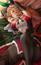 1girls 2020 armpit bed black_legwear brown_hair cameltoe christmas christmas_outfit dragalia_lost elisanne female female_only ippers looking_at_viewer nintendo on_bed pantyhose solo solo_female